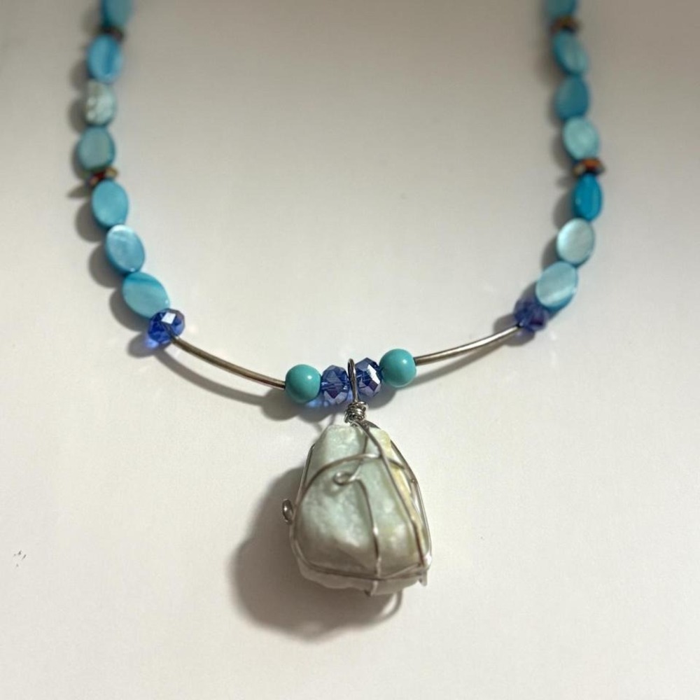 New Aventurine wire wrap handmade blue beads crystal 20" necklace